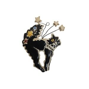 Vintage Signed Heather Goldmine Halloween Black Cat Stars Brooch Pin